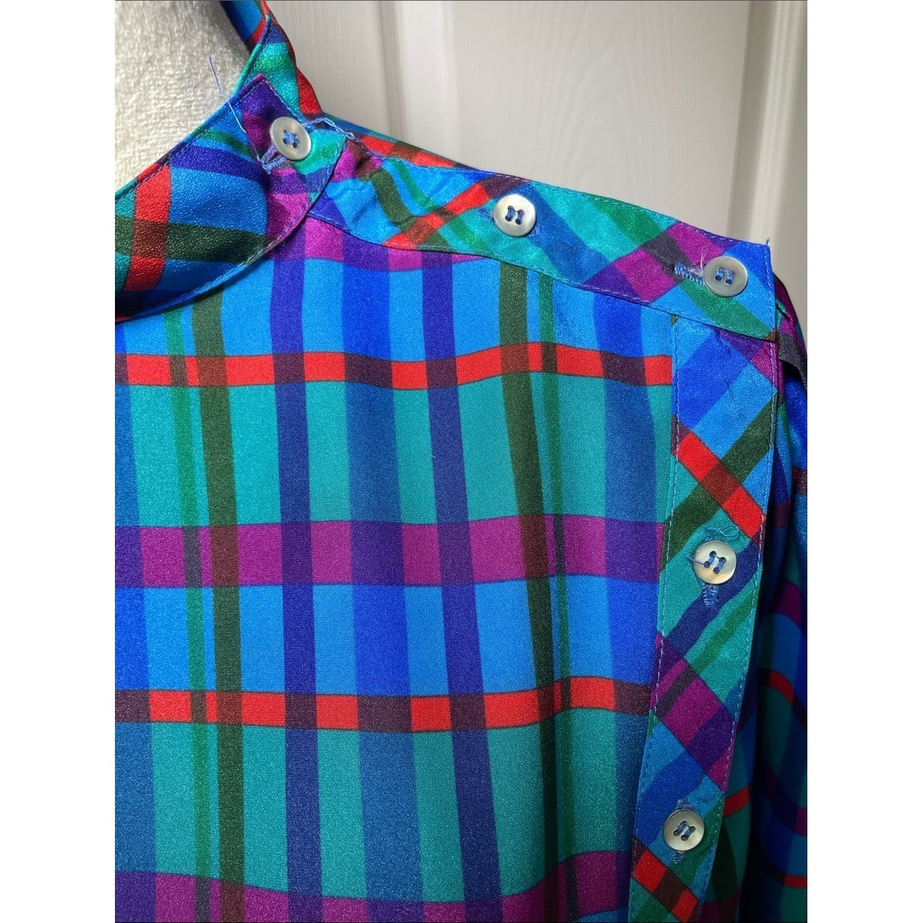 Vintage Liz Claiborne Plaid Blouse Teal Purple Green Red Button Side Panel Sz 8
