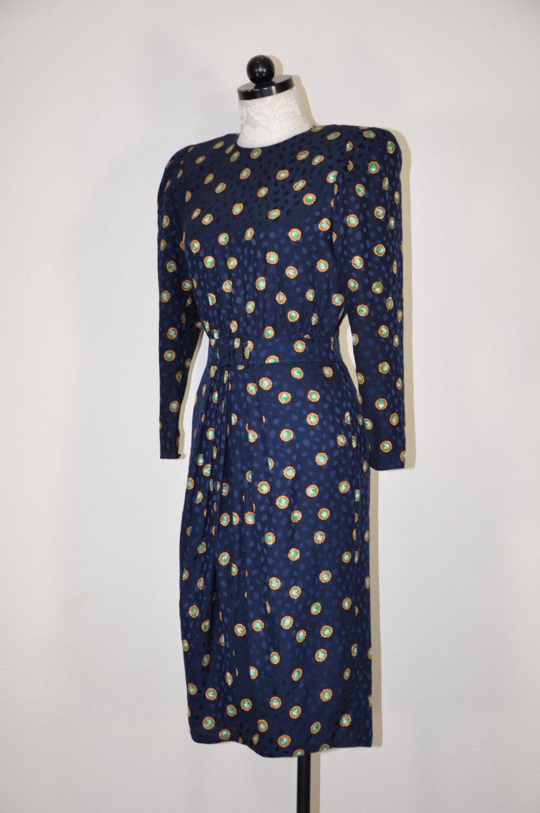 80s Vintage Navy Blue Silk Gemstone Print Puff Sleeve Back Buttons Dress Women S