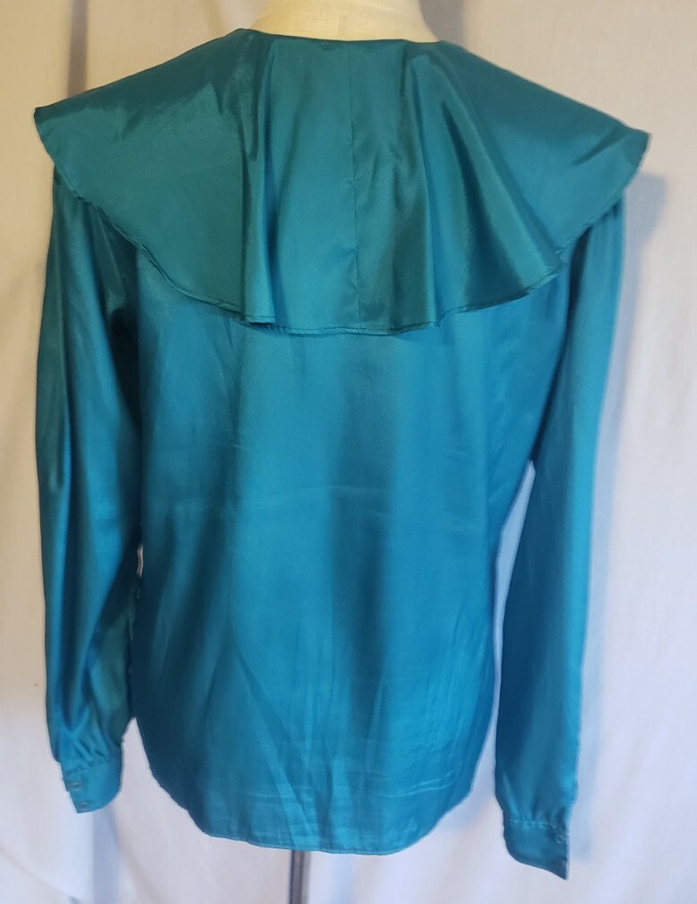 STUART LANG Blouse Women 11/12 Blue Flutter Collar Puff Sleeve Sweet VTG 80s