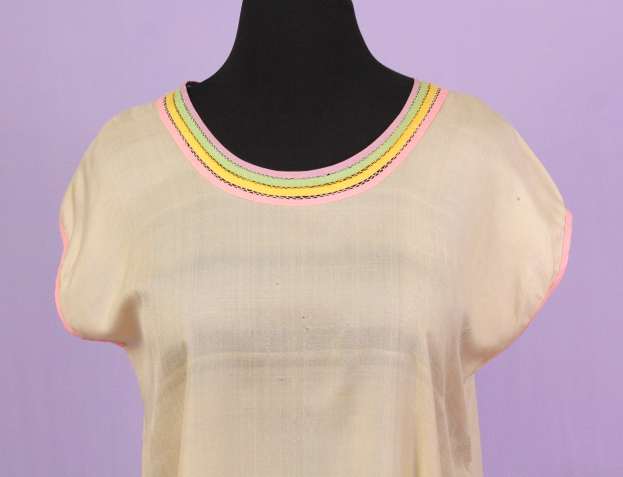 VTG Women’s 20s Peach Silk Slip Dress W/ Rainbow Trim Collar M/L 1920s Nightgown