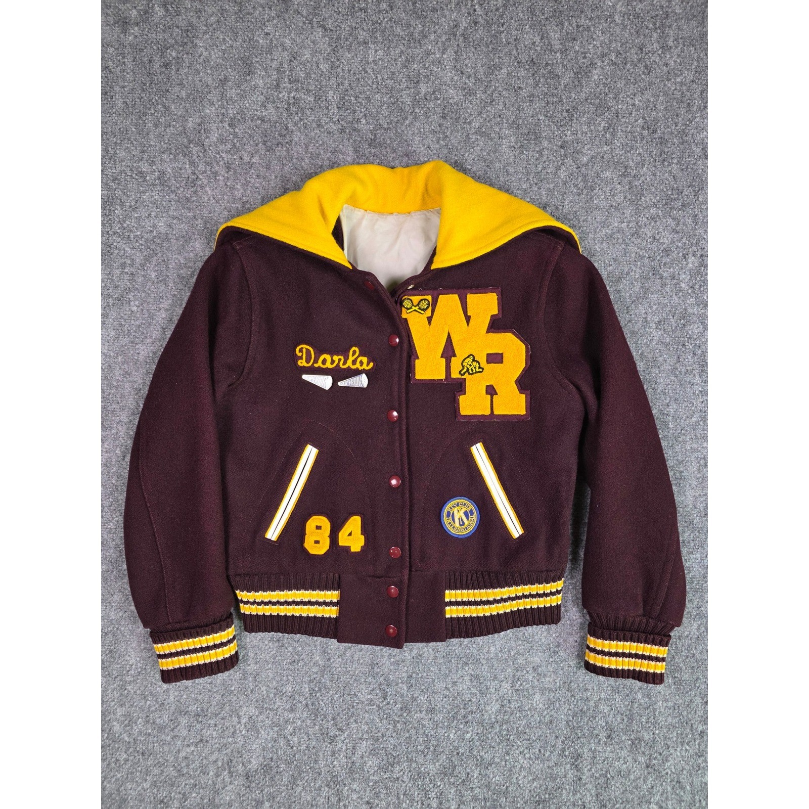 Vintage 80s Wool Cheerleader Letterman Varsity Jacket Maroon Gold Hooded Womens