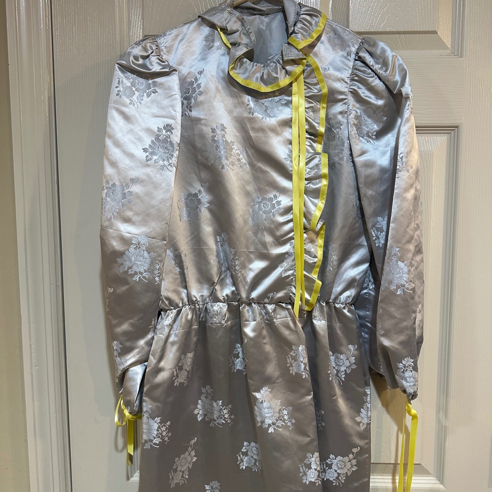 Vintage Silver Floral Damask Maxi Dress Yellow Ribbon Ruffle Collar Handmade