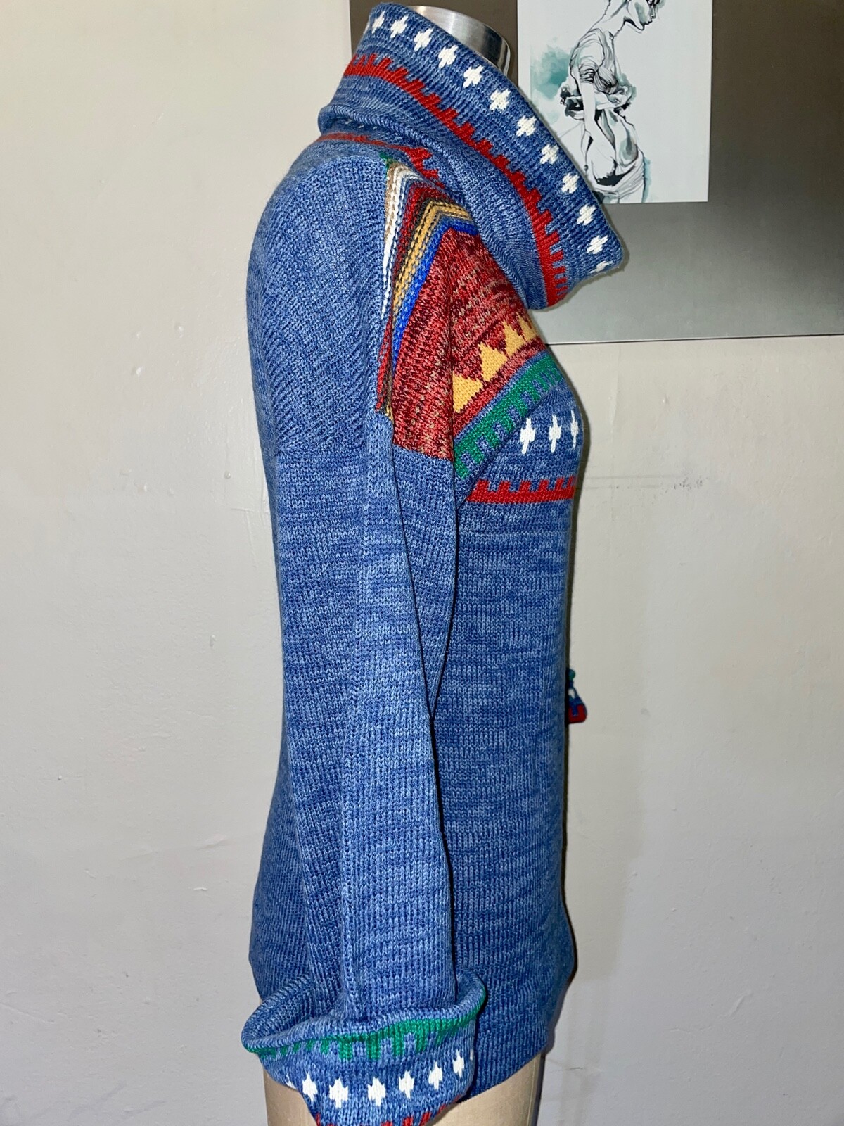 VTG 70’S BOHO HIPPY SOUTHWEST NATIVE PRINT BLUE TURTLENECK A-LINE SWEATER*S