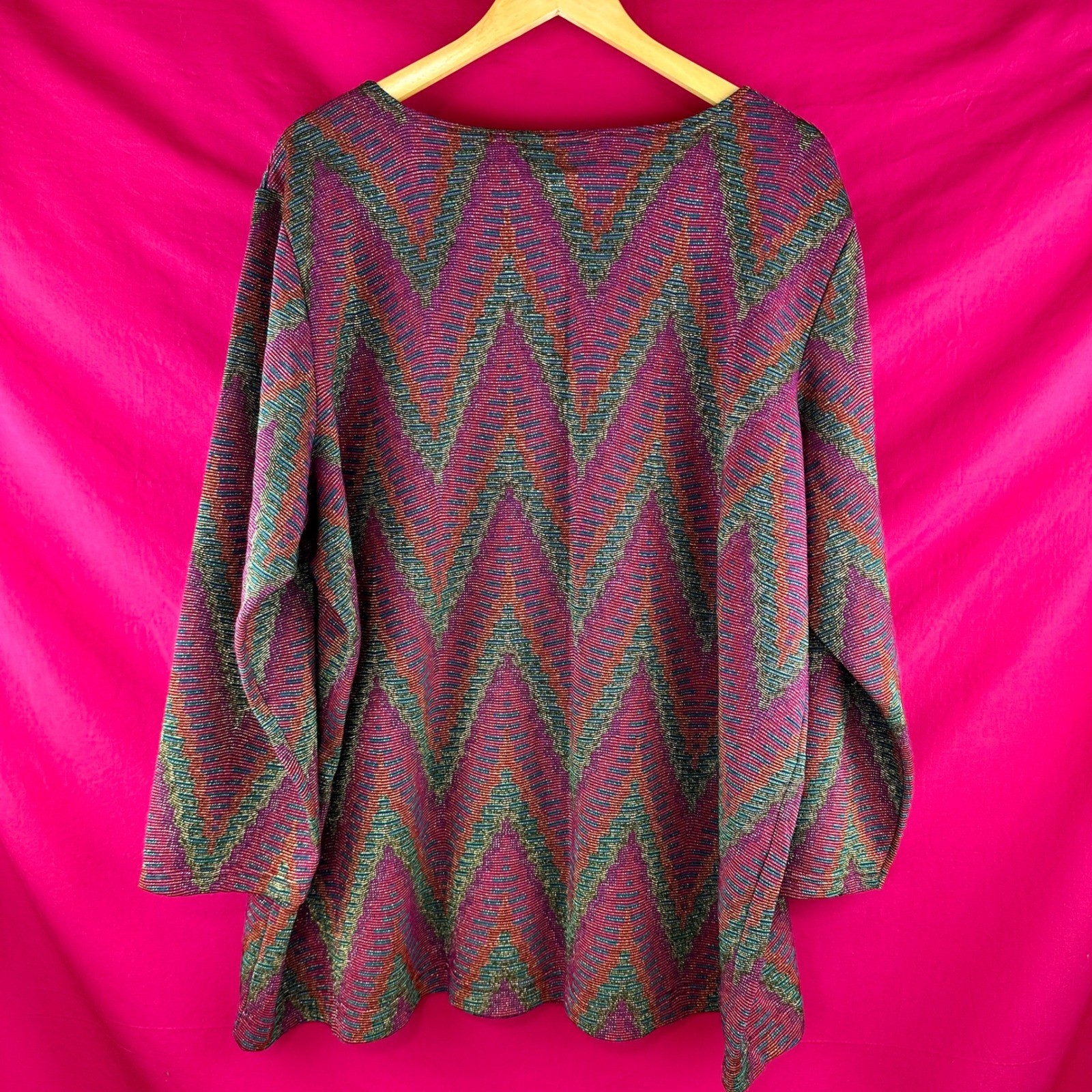 Metallic Vintage 80s 90s Chevron Knit Tunic Top Pink Sparkle 3X Holiday Glam