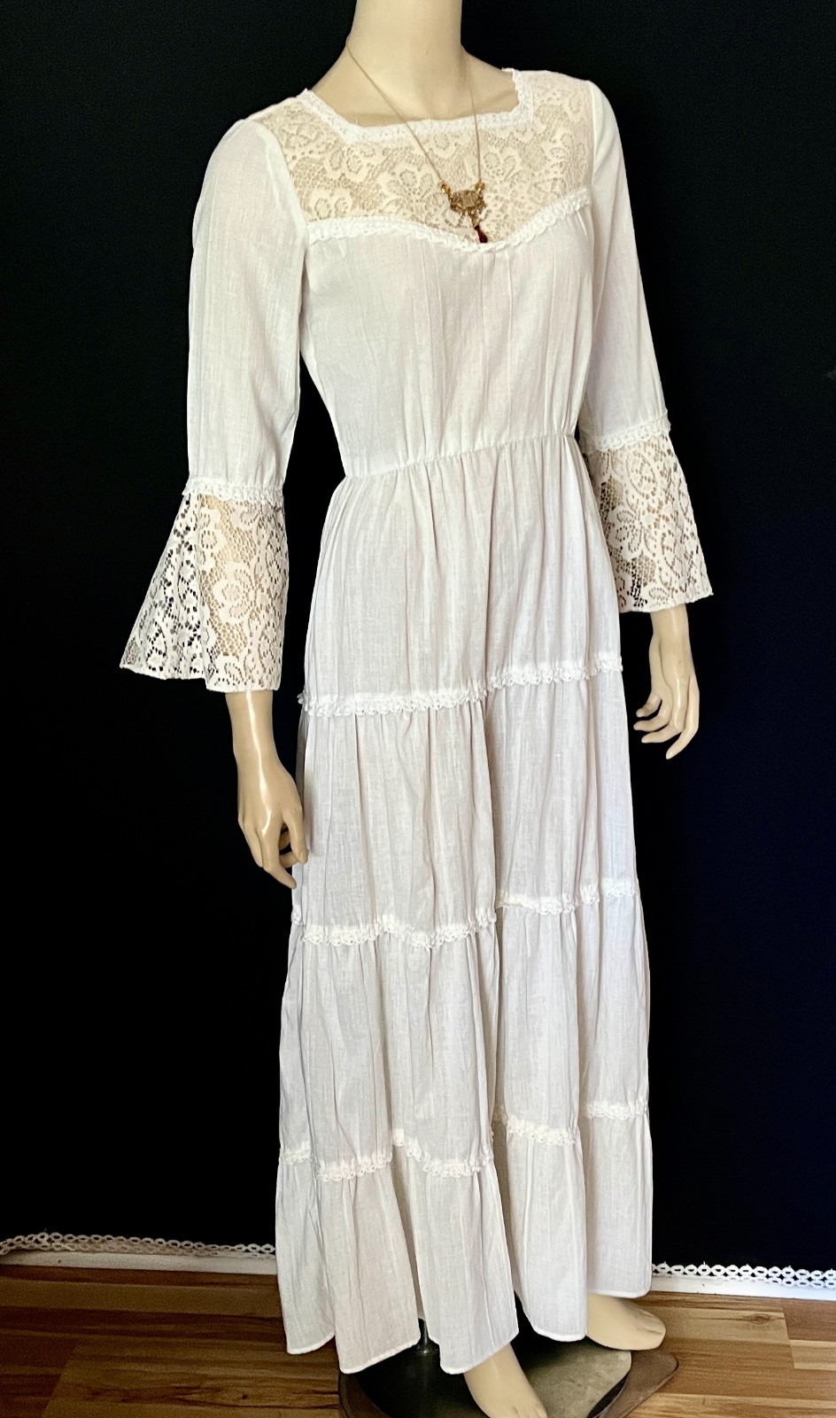 Off White 1970s Cottage Core Renaissance Style Maxi Dress by Peggy Barker, Small