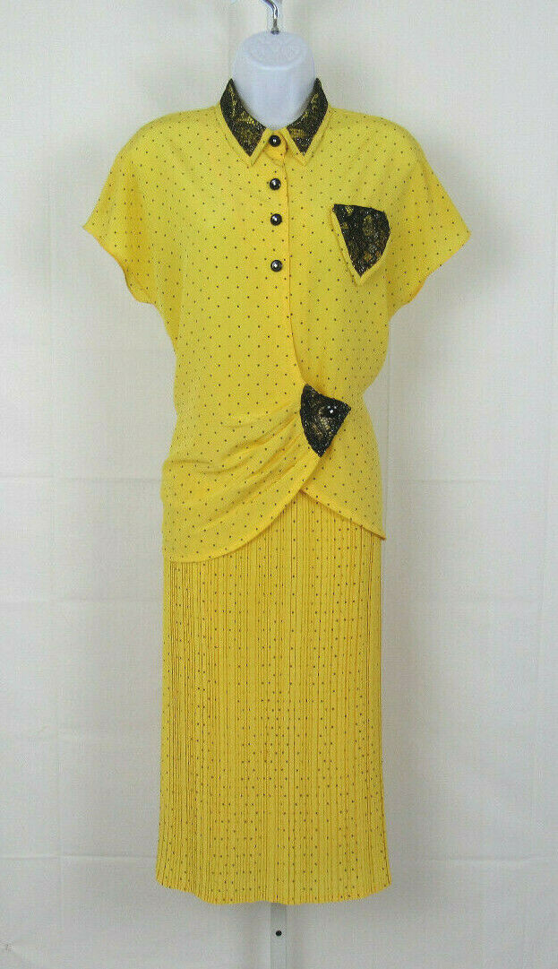 VTG 1980s GAUNILLO OF FRANCE DESIGNER SKIRT & TOP YELLOW BLACK & SILVER LACE