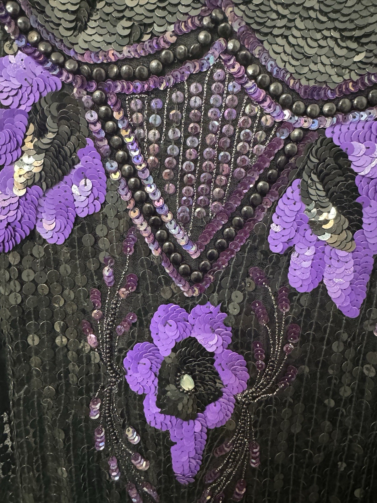 Vintage 1980’s Black / Purple Sequin Asymmetrical Blouse V Shape