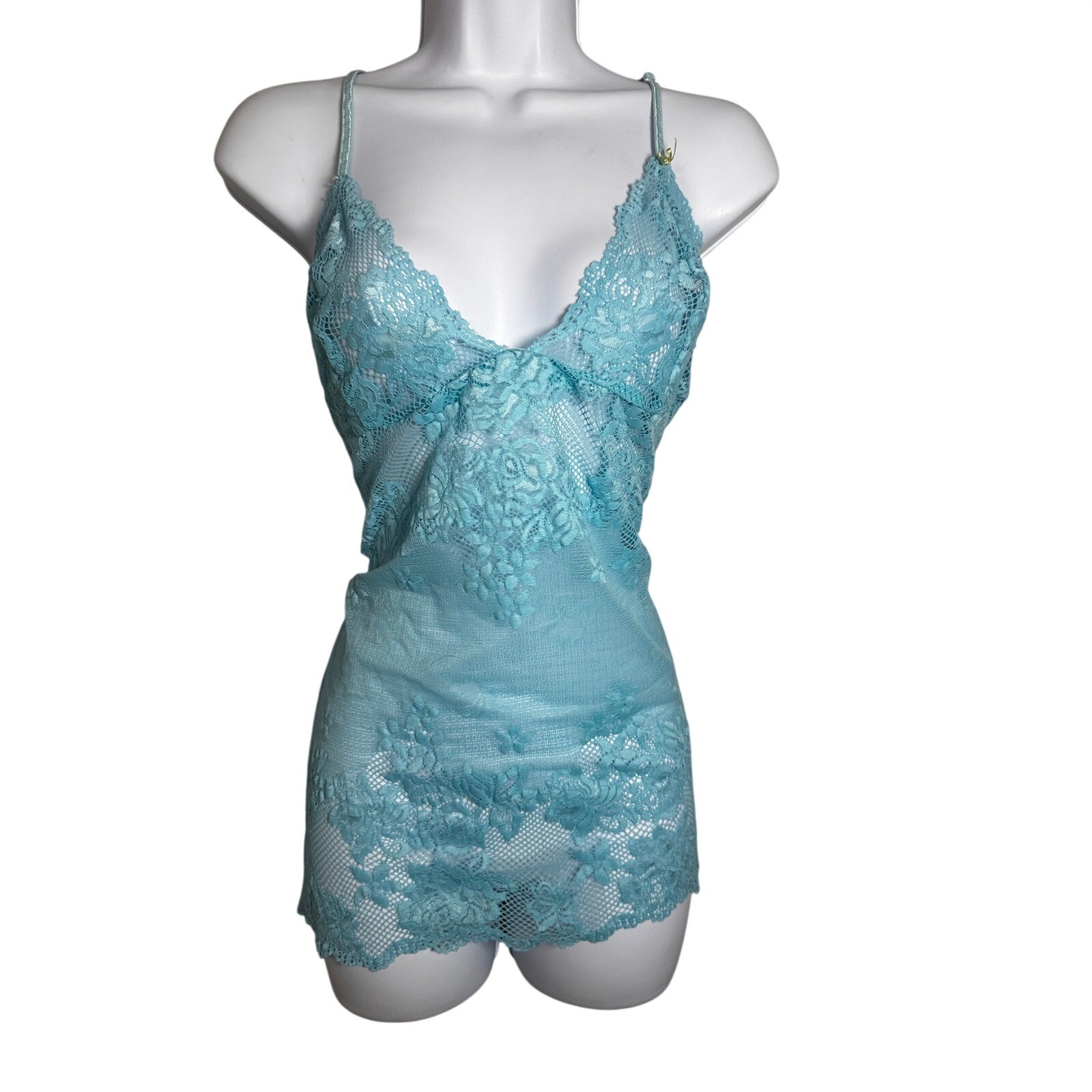 Victoria’s Secret Vintage 2003 Aqua Blue Floral Lace Mesh Chemise XL Y2K