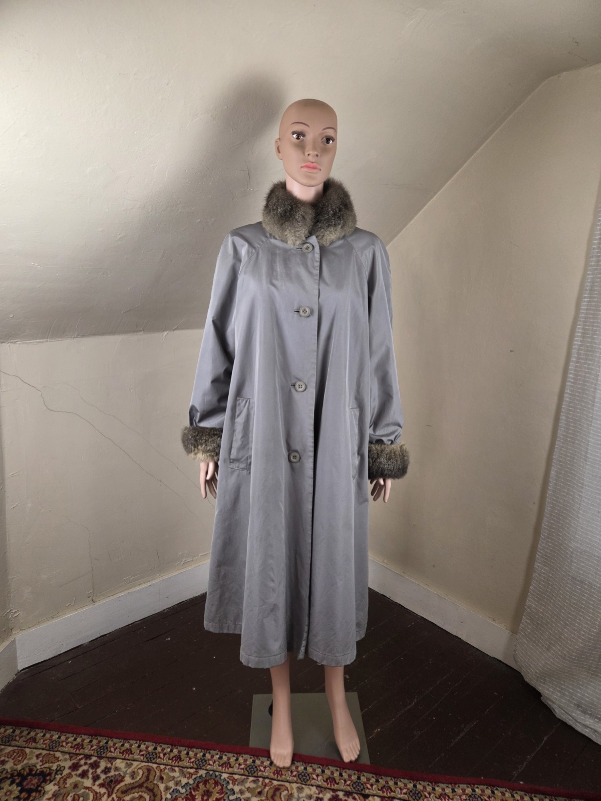 Vintage Bonnie Cashin for Russel Taylor Weatherwear Gray Fur Trim Coat USA Sz 10