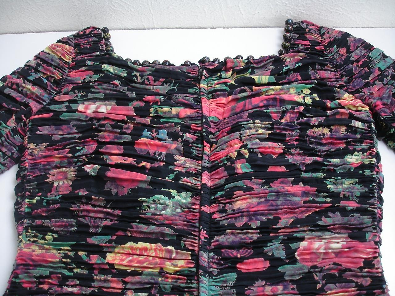 Women’s XS S sz 42 Vtg 1980’s Krizia Italy Mini Dress 100% Silk Ruched Pleated