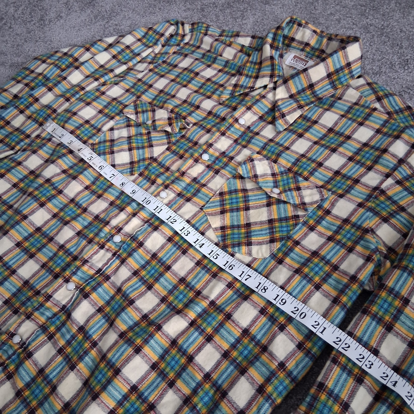 Vtg 70s Montgomery Ward Plaid Flannel Shirt | Retro Blue Yellow White Grunge L