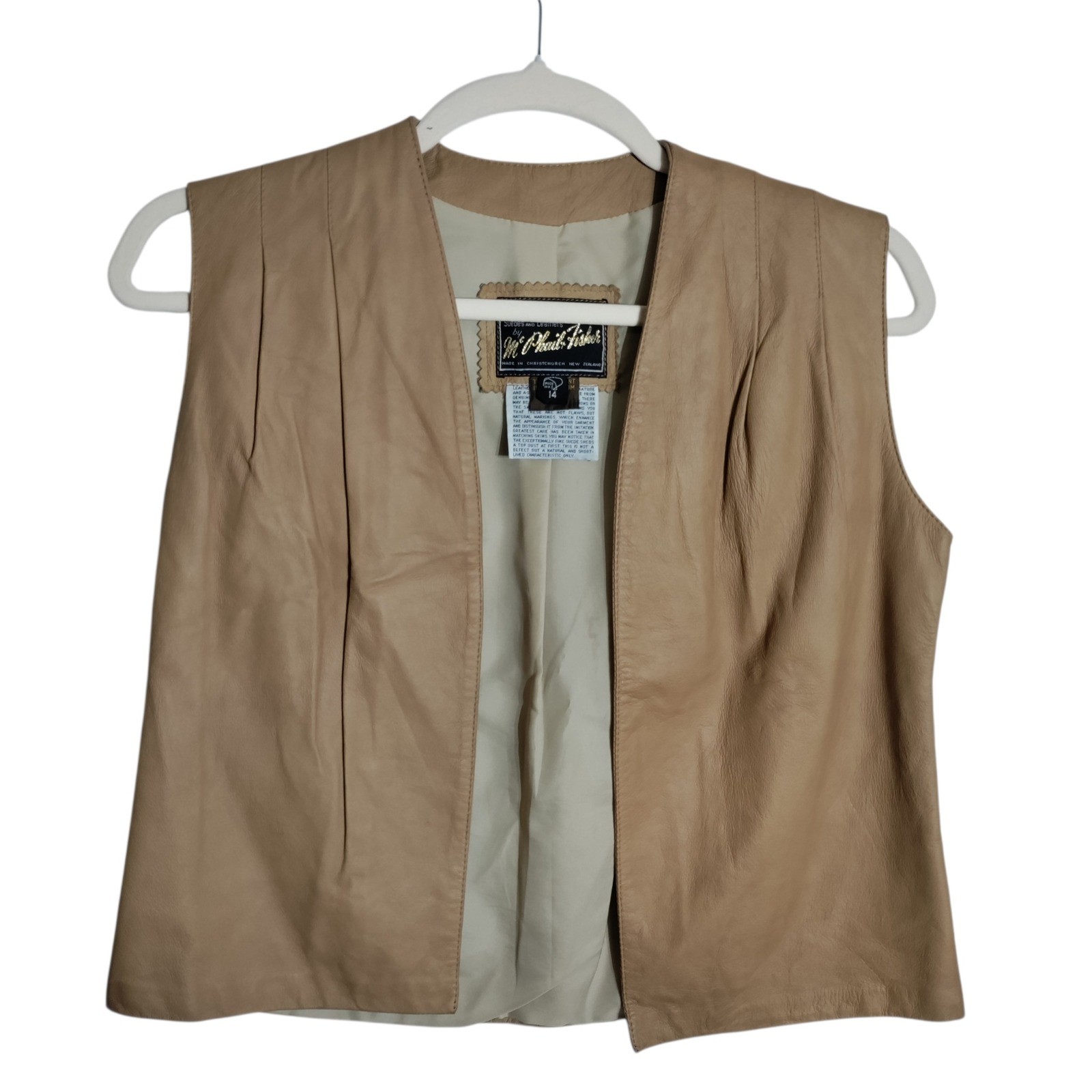 McPhail Fisher Men Tan Genuine Leather Vest Waistcoat New Zealand Vintage Sz 14