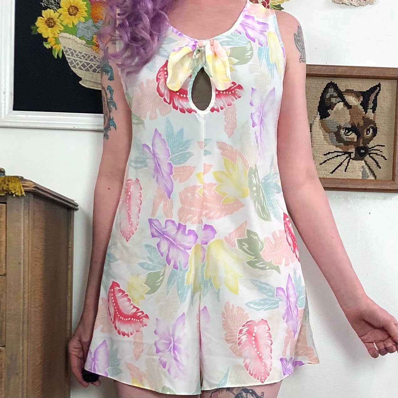 Vintage Floral Lingerie Romper, Sz M Pastel Tropical Print Step In Teddy