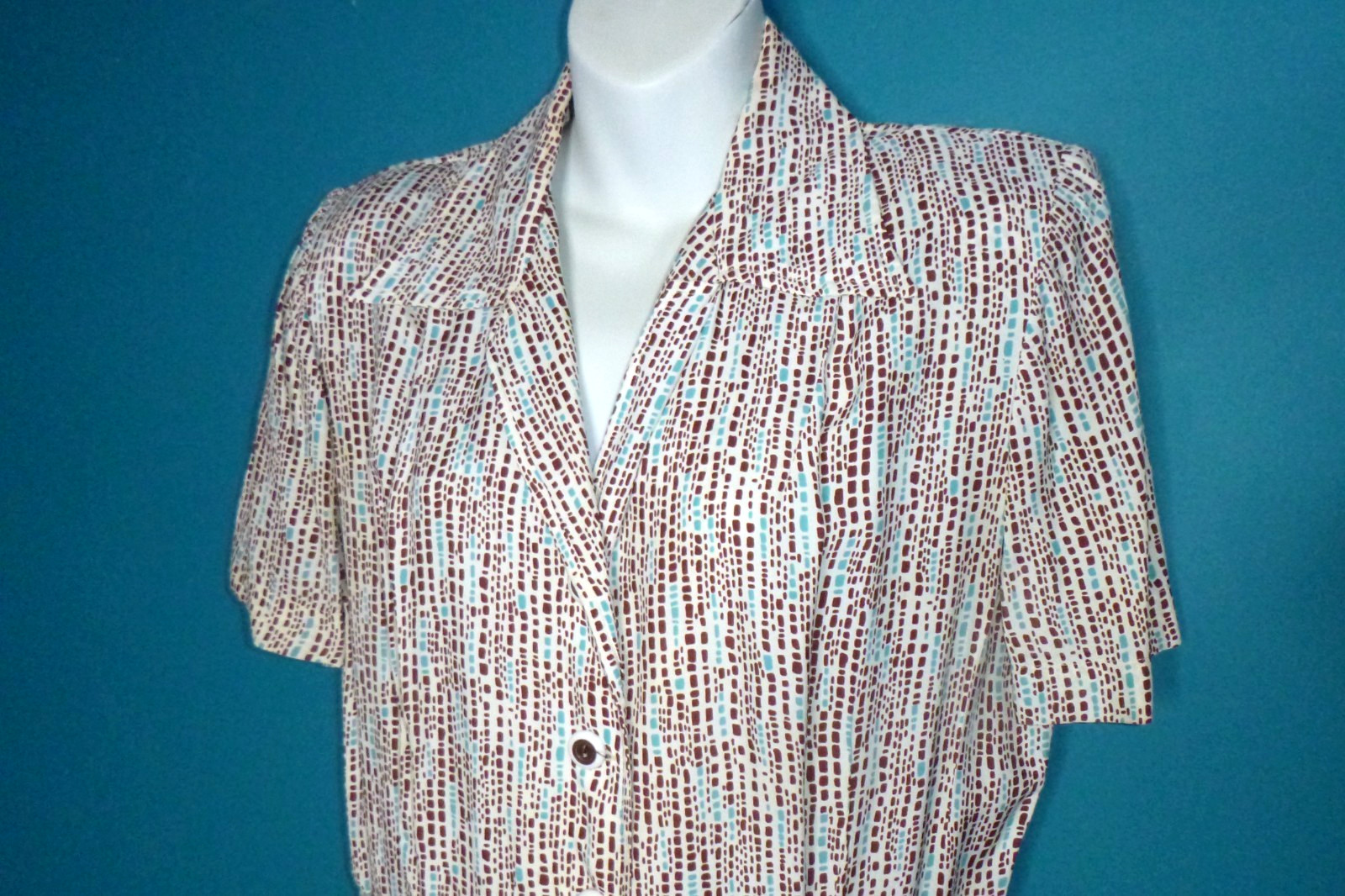 Vtg 40s 50s Cay Artley Rayon Shirt Dress Brown Aqua Geometric VOLUP Sz XL