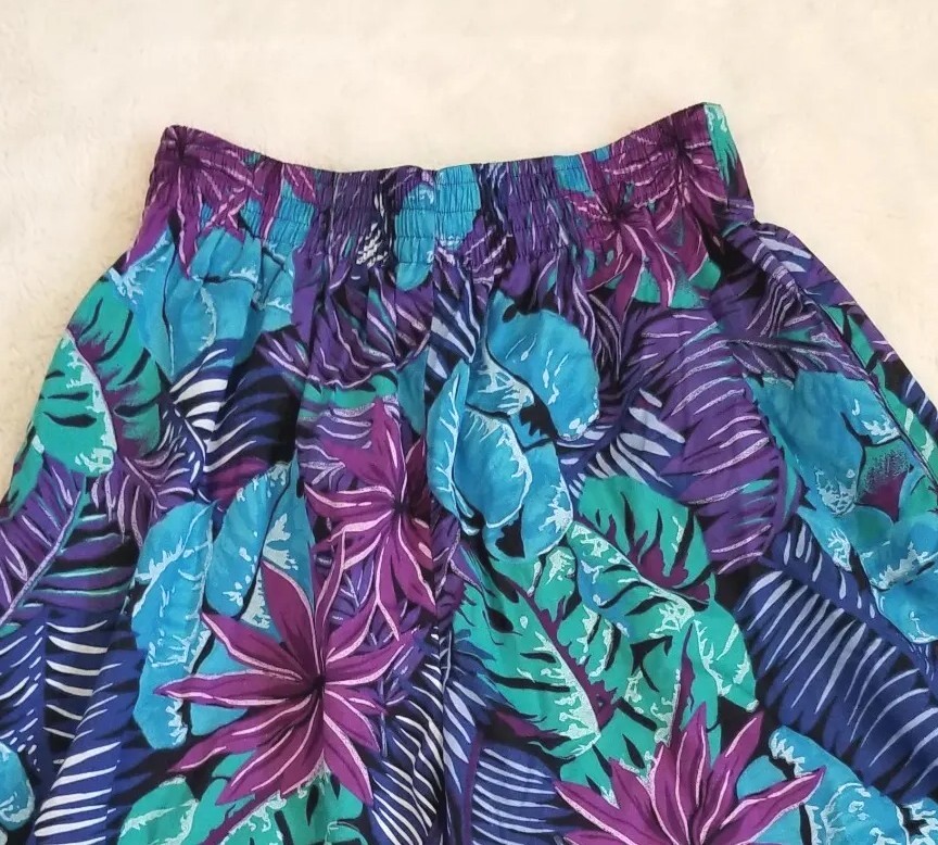 VTG Tropical Shorts Pleated Sz S Hawaiian Purple Blue Teal High Waist 80s Boho