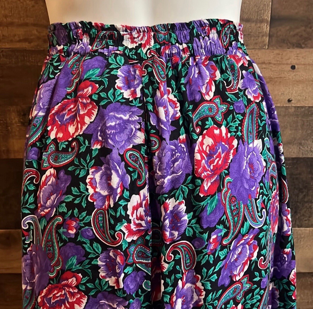Vintage Floral Paisley Pink Purple Green Midi Flowy Skirt Cottagecore Small
