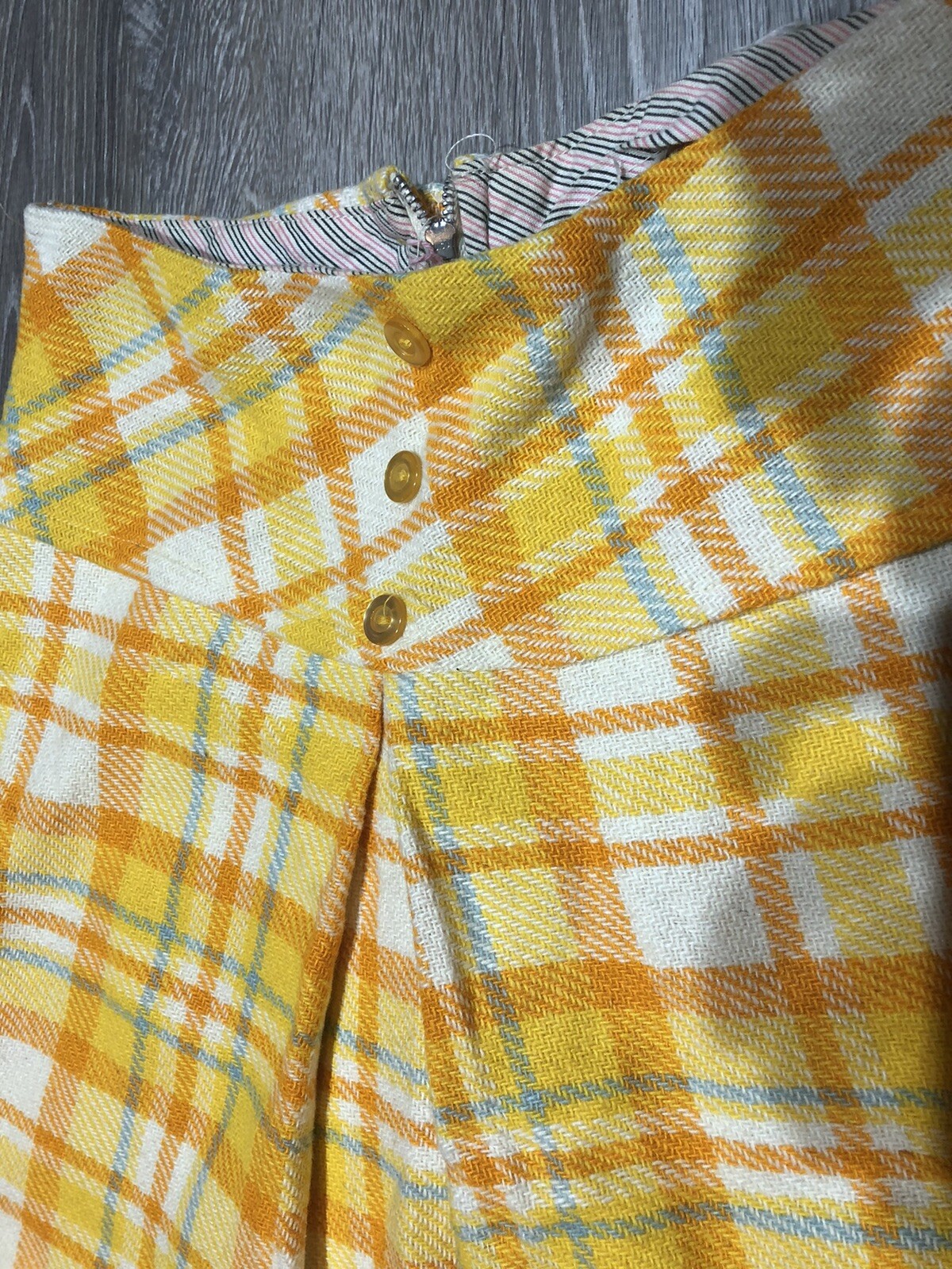 VTG 70’s Yellow Orange White Multi Wool Blend Plaid Preppy Mini Skirt~XS