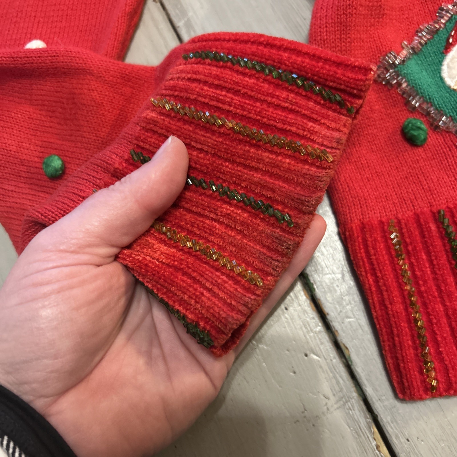 Berek Red Green Christmas Santa Reindeer Gift Tags Beaded Pom Poms Cardigan Sz M