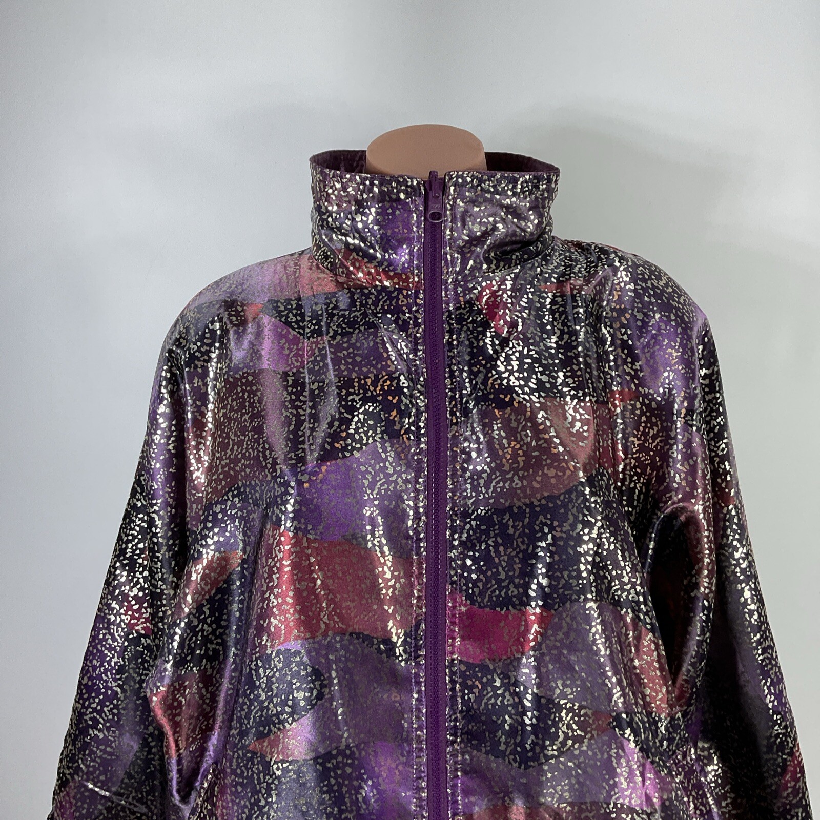Vintage Rafael Satin Bomber Jacket Y2K Reversible Metallic Purple Animal Print S
