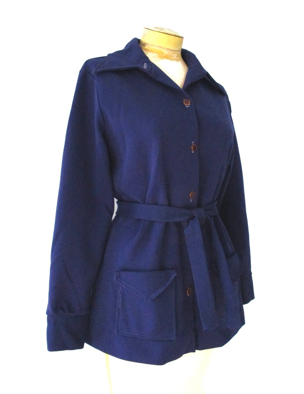 Vtg 70s Blue Textured Poly Knit Button Blouse Top Tie Belt Pockets Dagger Clr 18