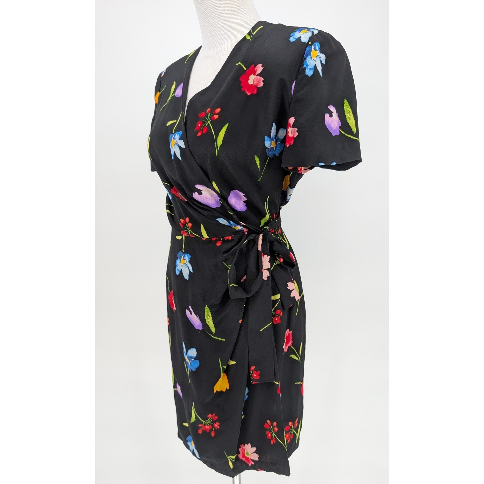 VTG Maggy London Silk Wrap Dress 4 Black Floral Botanical Parisian Chic Retro