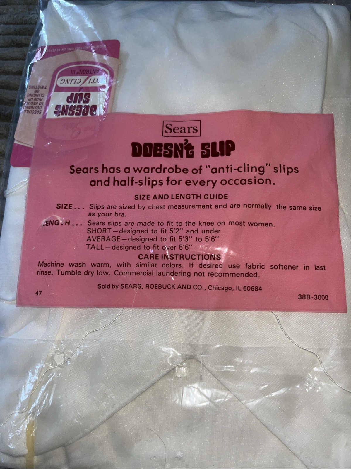Vtg Sears Full slip Nylon Slip Size 34 New In Package Doesn’t Slip Or Cling