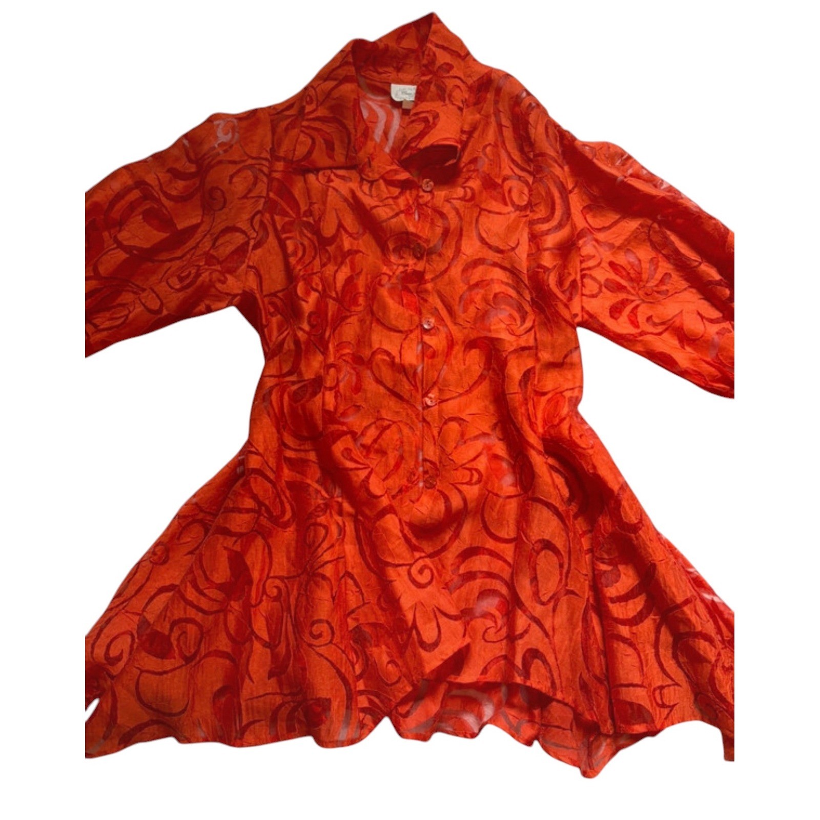 Vintage Come N See Tunic Top Dress Large Orange Burnout Sheer Boho Art to Wear