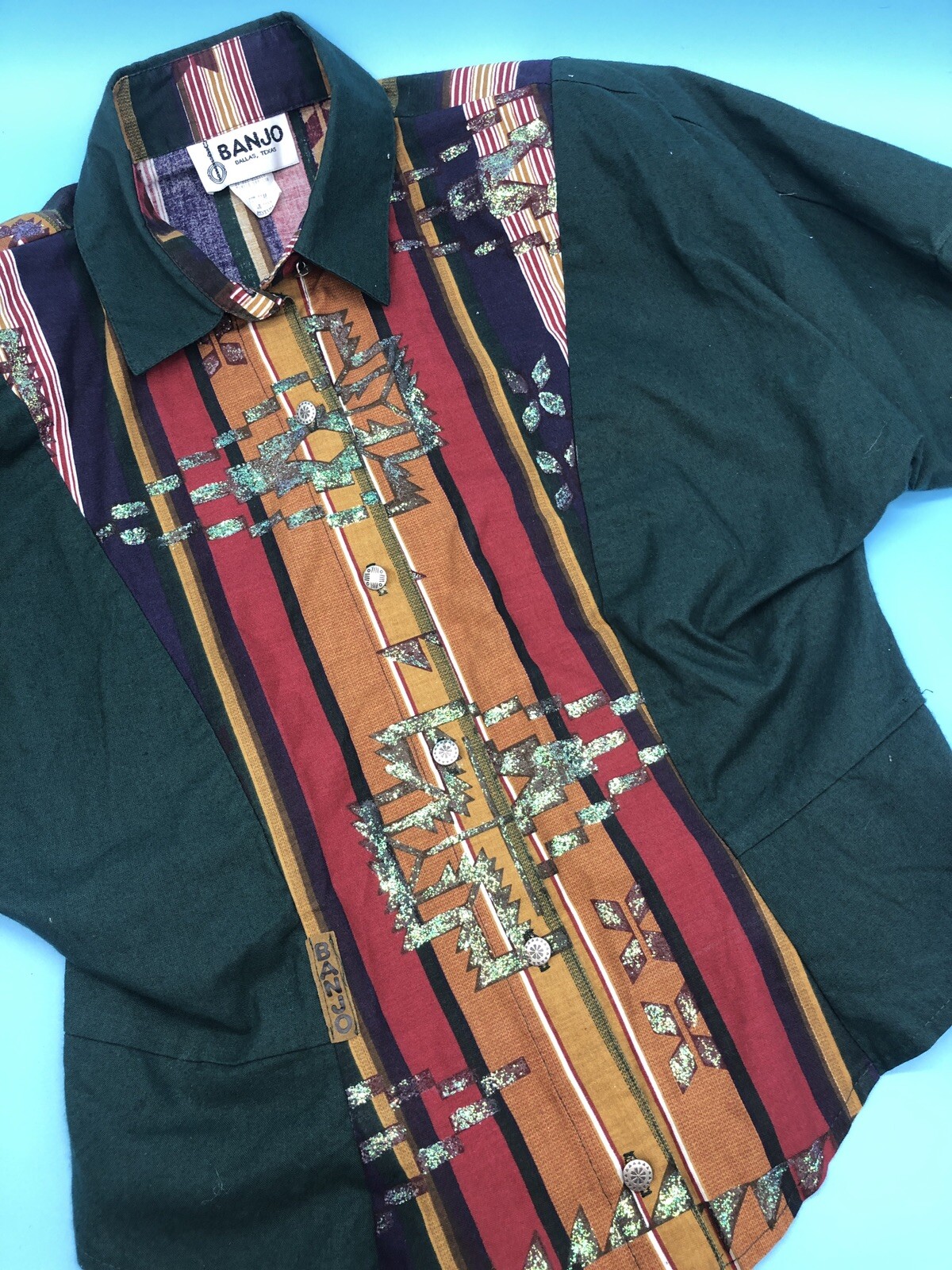 Vintage Banjo Texas Western Wear Womens Crop Shirt Size M Rodeo Square Dancing