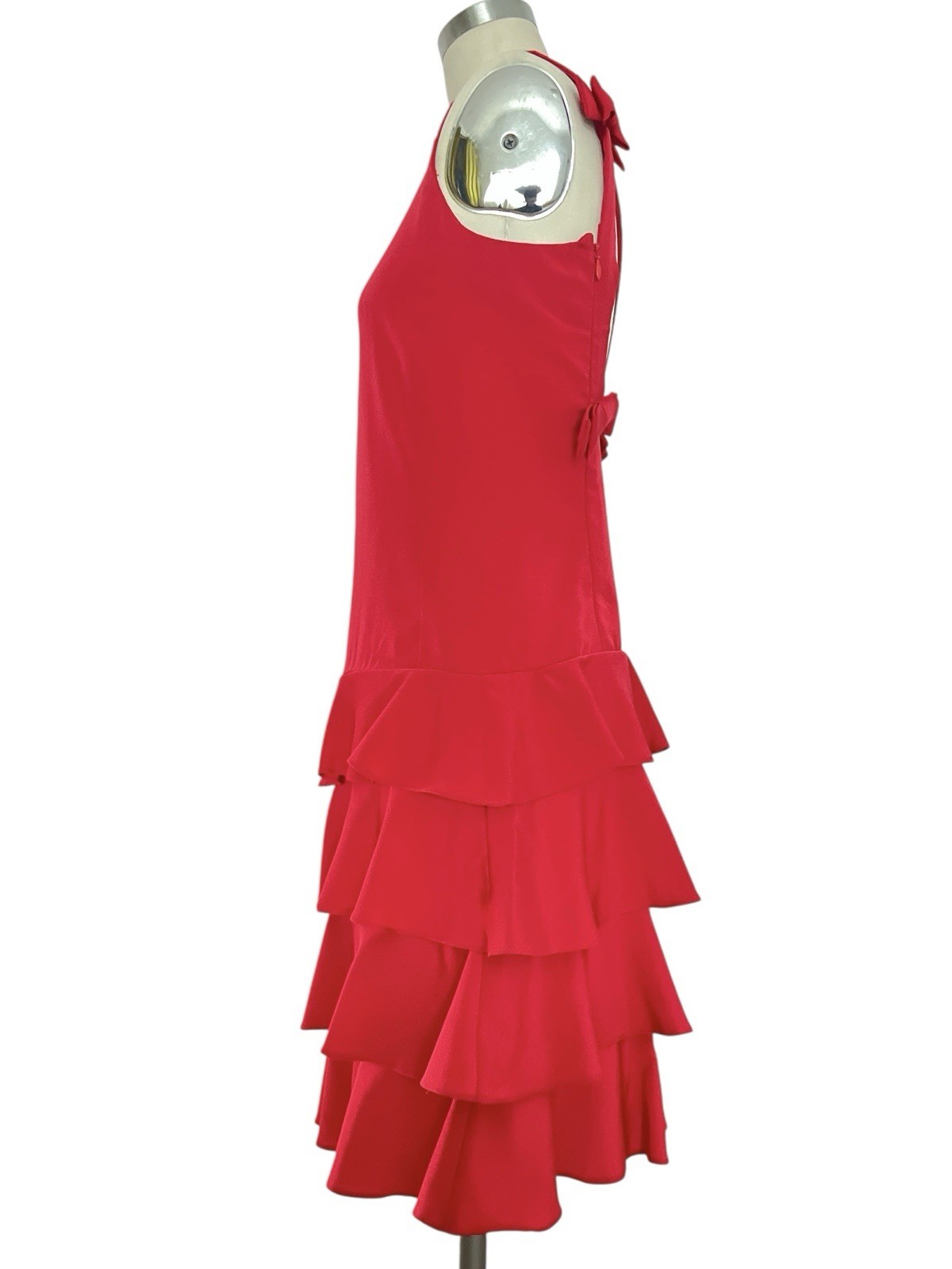 VTG Martin Ross 80s/90s Sz 4 XS/S Red Coquette Shift Dress Ruffle Bows Open Back