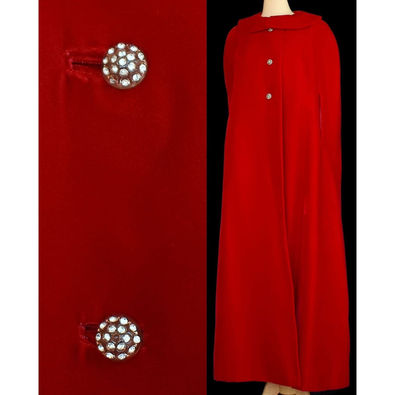 Vintage 60s Red Velvet Ankle Length Cape, Rhinestone Buttons, Size M, L, XL