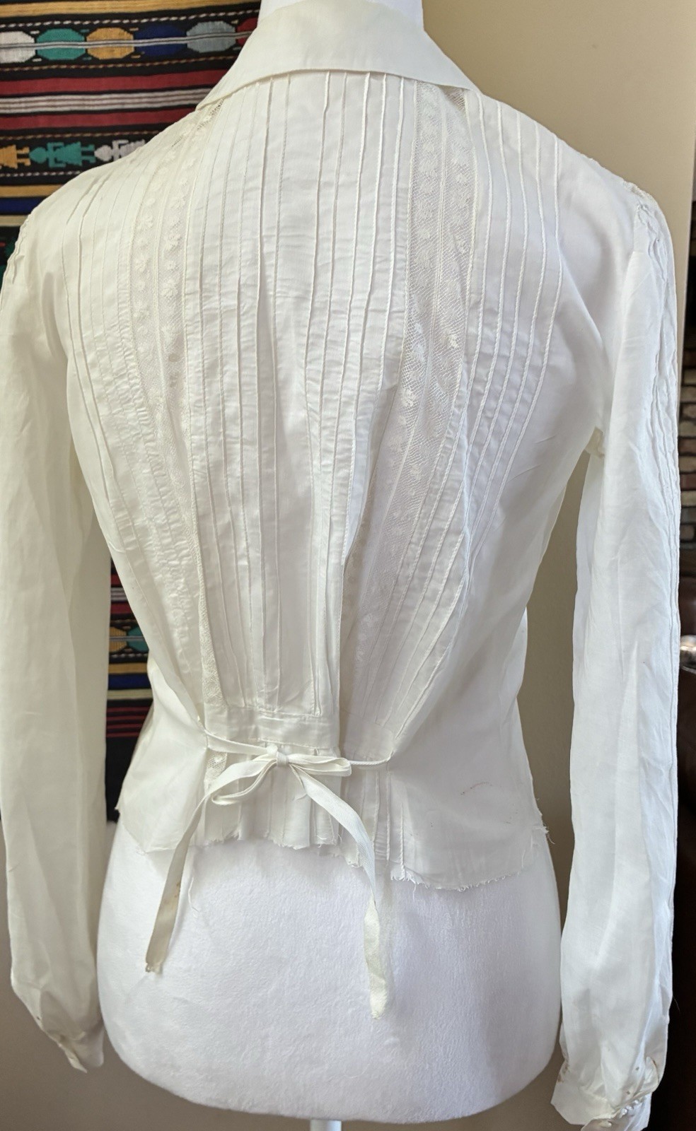 Vintage Handmade 40s White Pintuck Lace Button Up Blouse Top Size M