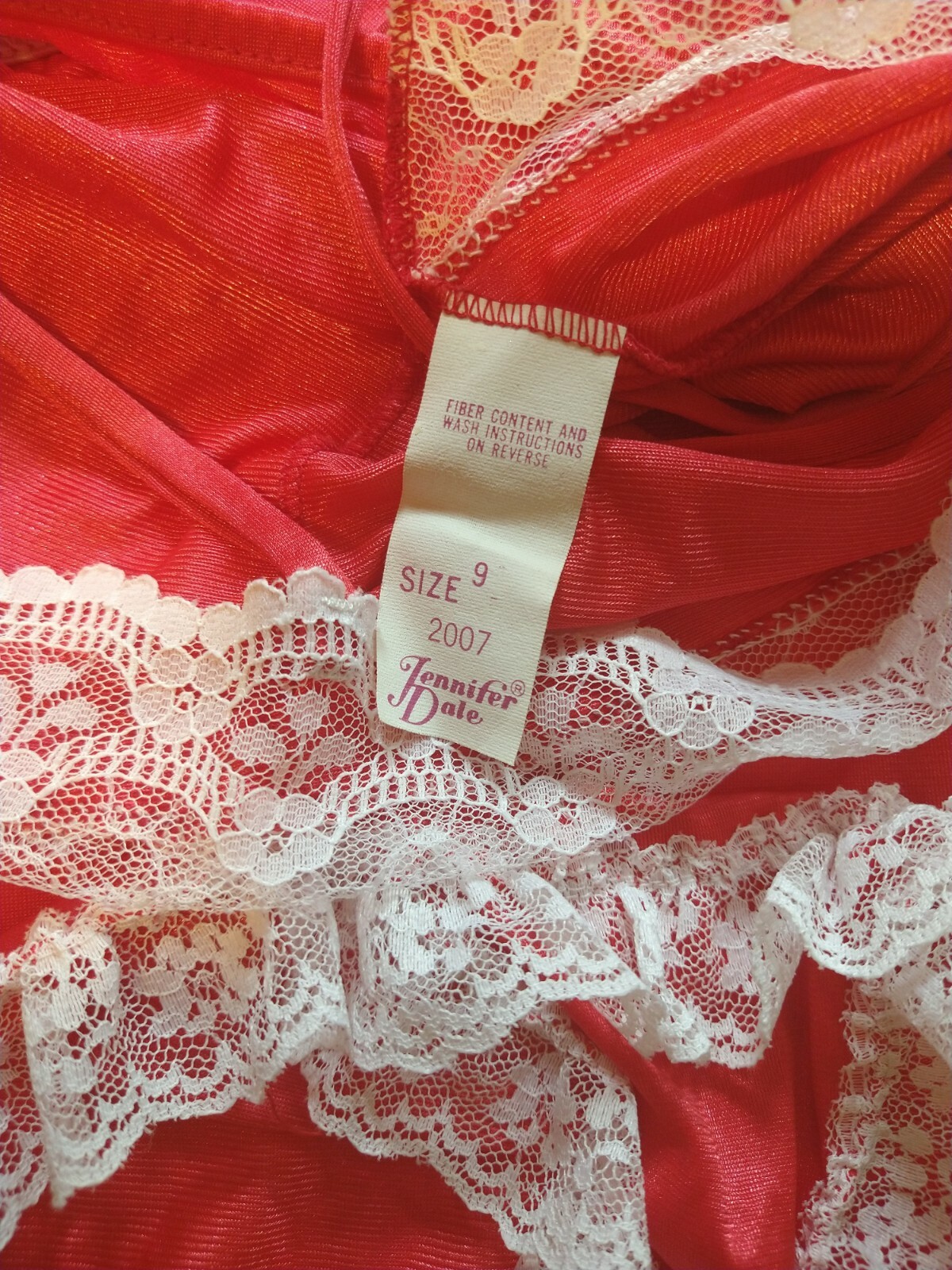 Jennifer Dale Red Silky Nylon & Lace Romper Slip On Teddy Bodysuit sz M Vintage