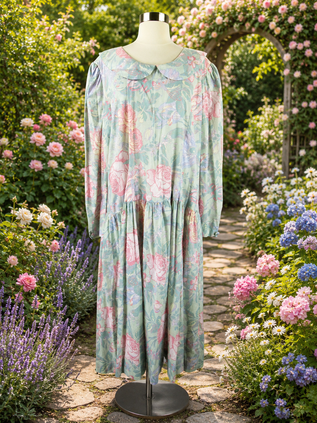 Vintage 80s Floral Drop Waist Light Green Tea Garden Midi Dress Cotton XL 2XL