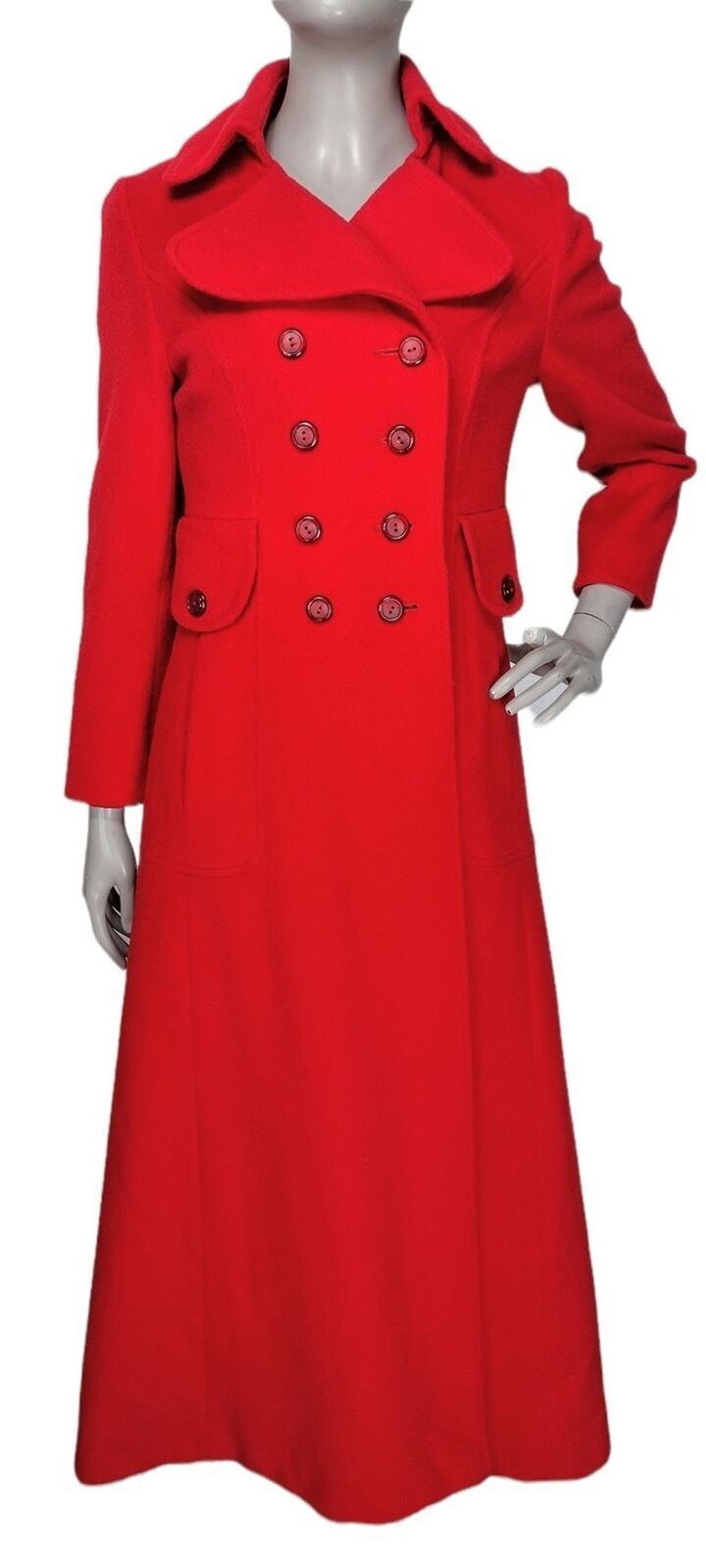 VTG 60s 70s Edwardian Gothic Red Wool Double-Breasted Long Swing Coat XS/S/M