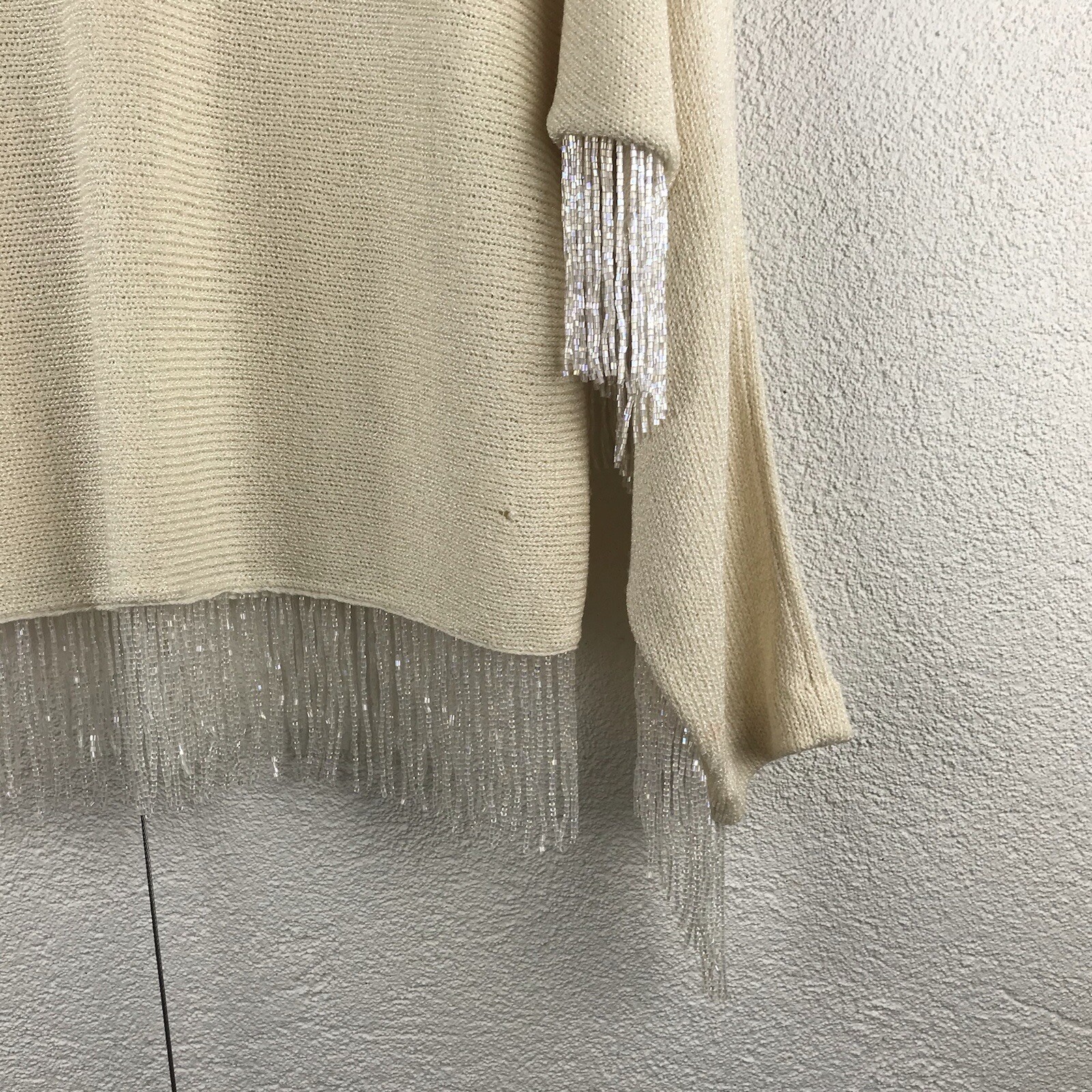 Vintage l 90s Helen HSU Santana Knit Dolman Iridescent Beads Fringe Crop Sweater