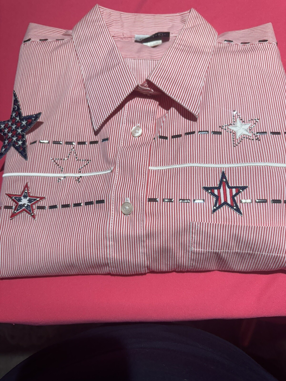 New Without Tag Patriotic Blouse Red White Blue Stars Stripes Sz XL