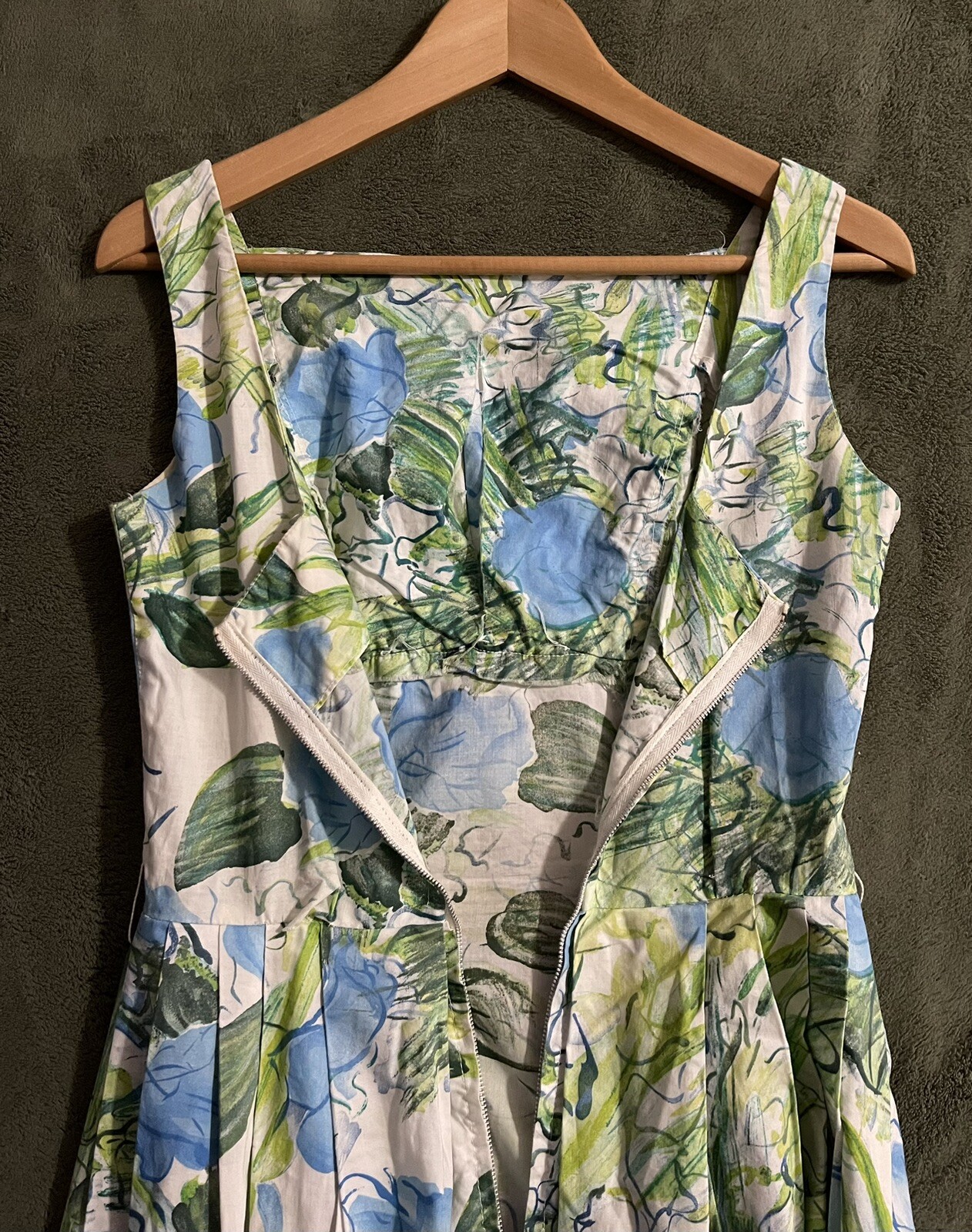 1950’s Vintage Water Color Floral Summer Dress Blues Greens