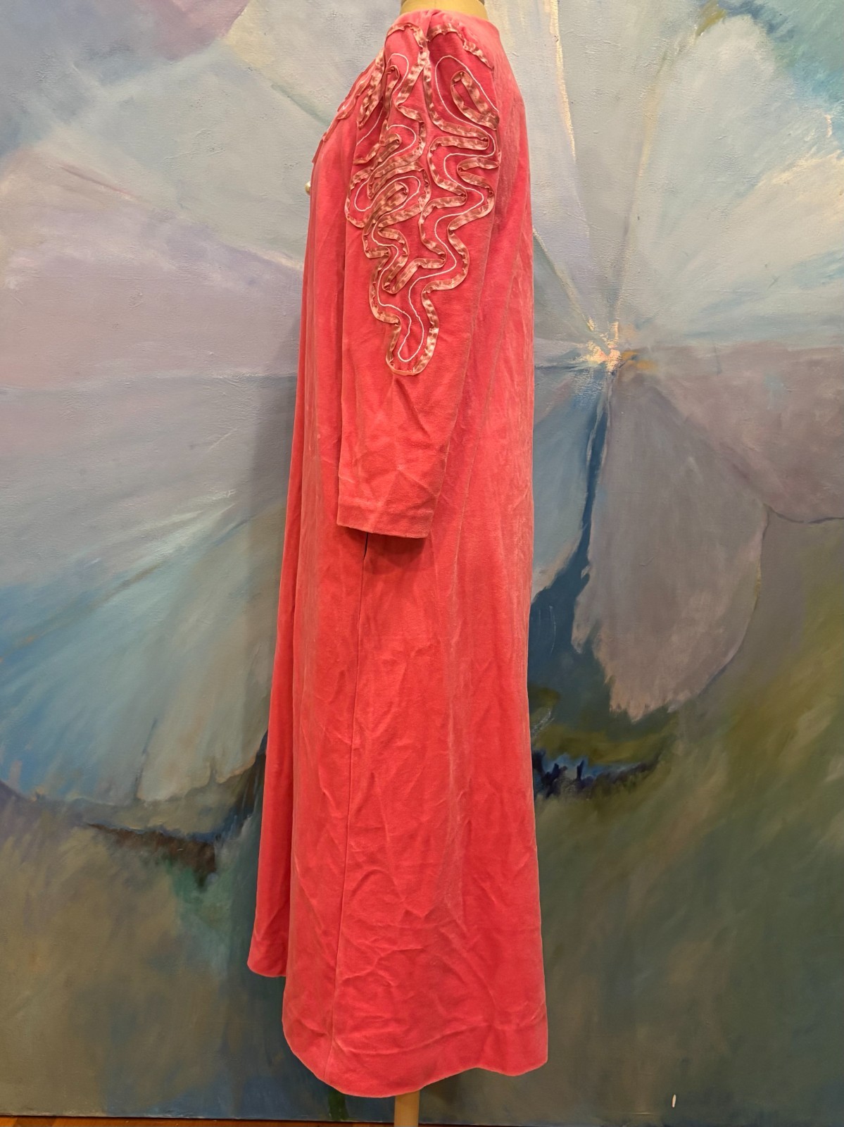 Vintage Lucie Ann Pink Velvet Robe W/ Ribbon Trim & Pearl Zipper Pull USA