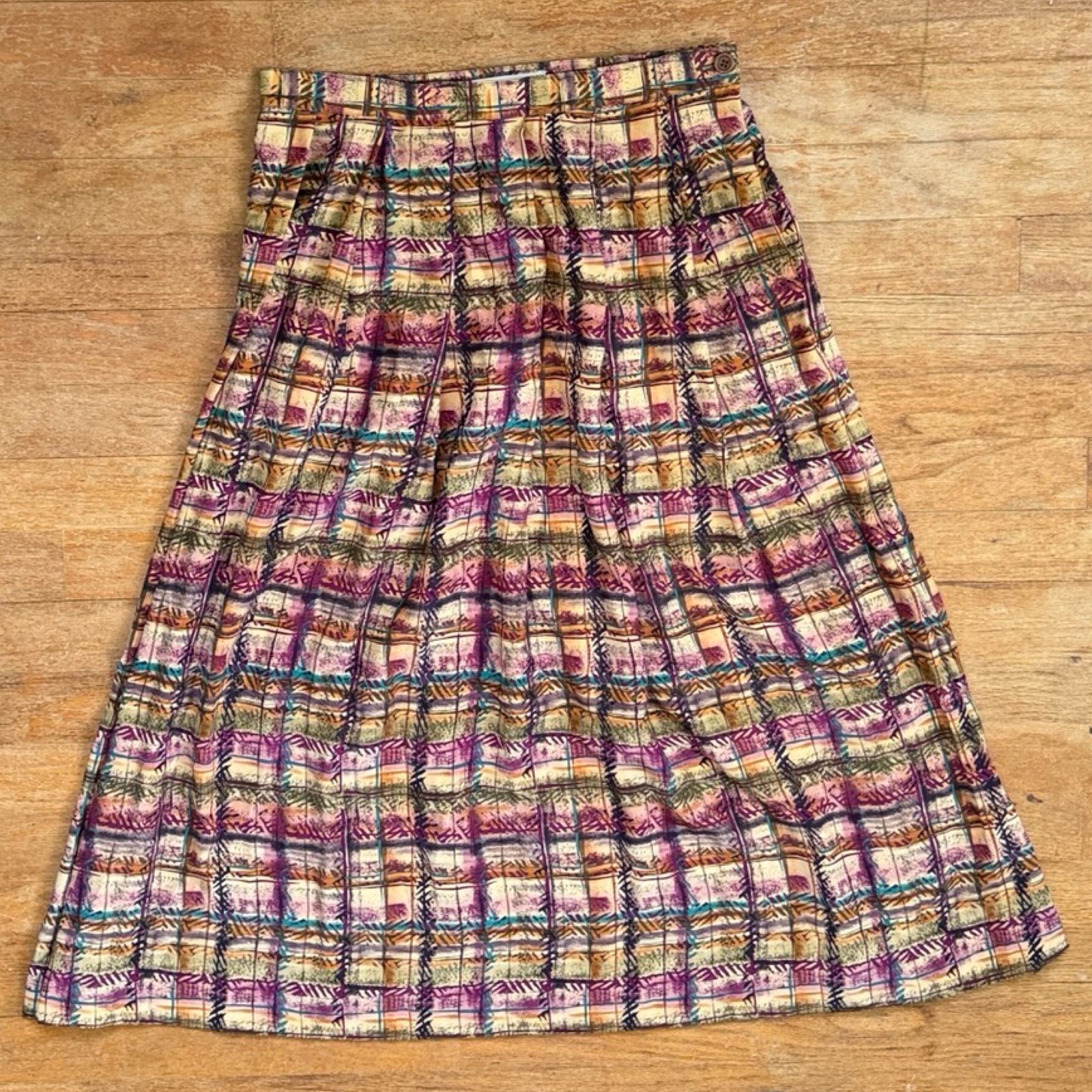 Vintage Colorful Plaid Silk Pleated Midi Skirt Size Small 28″ Waist Bohemian Art