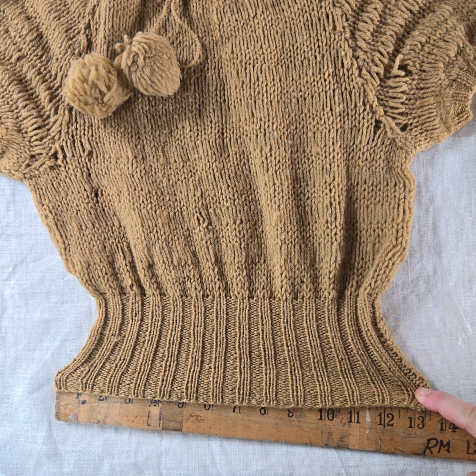 VTG Handmade Cropped Sweater Women’s S Brown Knit Pom Pom Ribbed Distressed USA