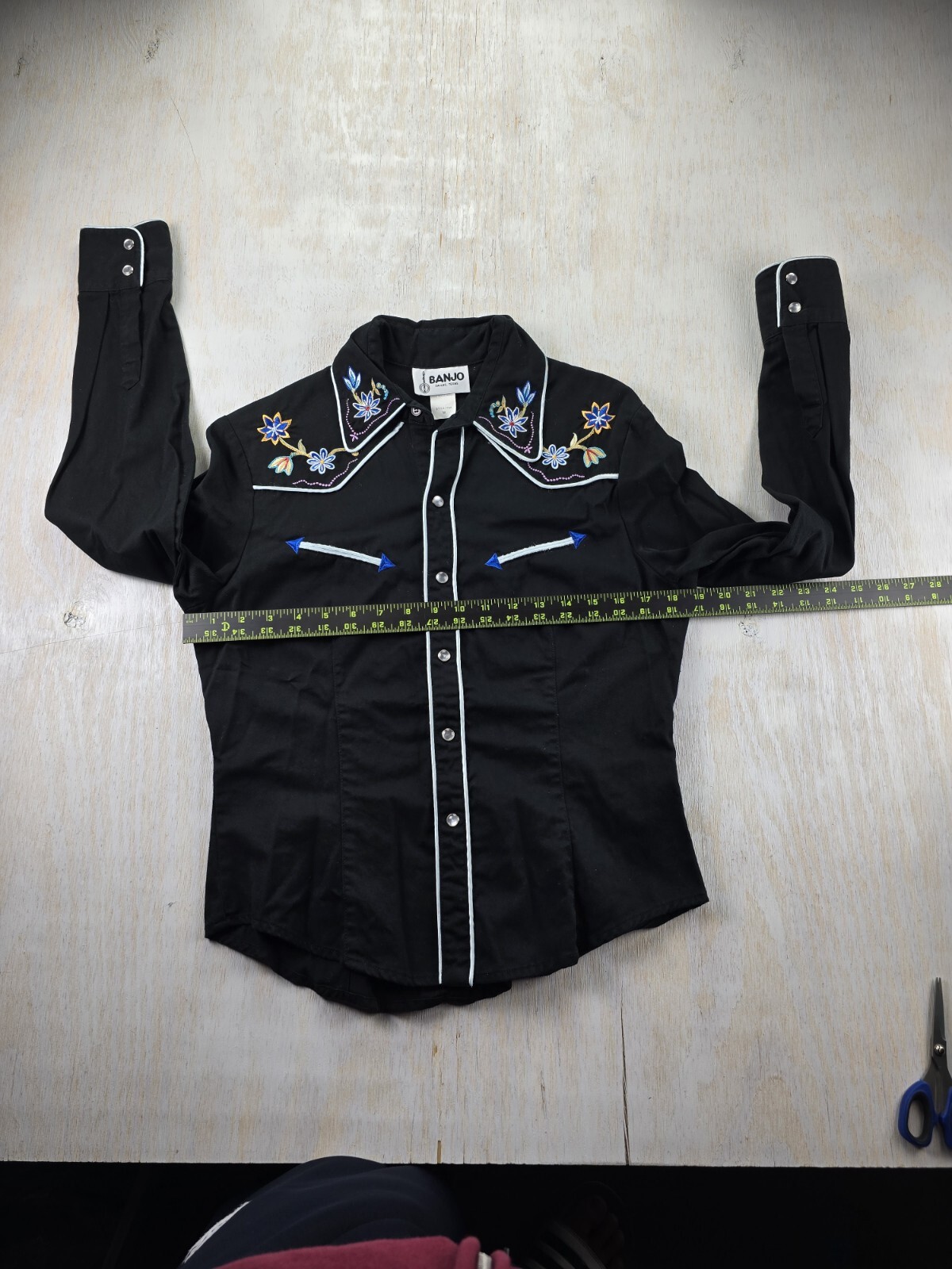 VTG Banjo Floral Arrows Black Western Sz M Women’s Shirt Rodeo Dallas Texas USA