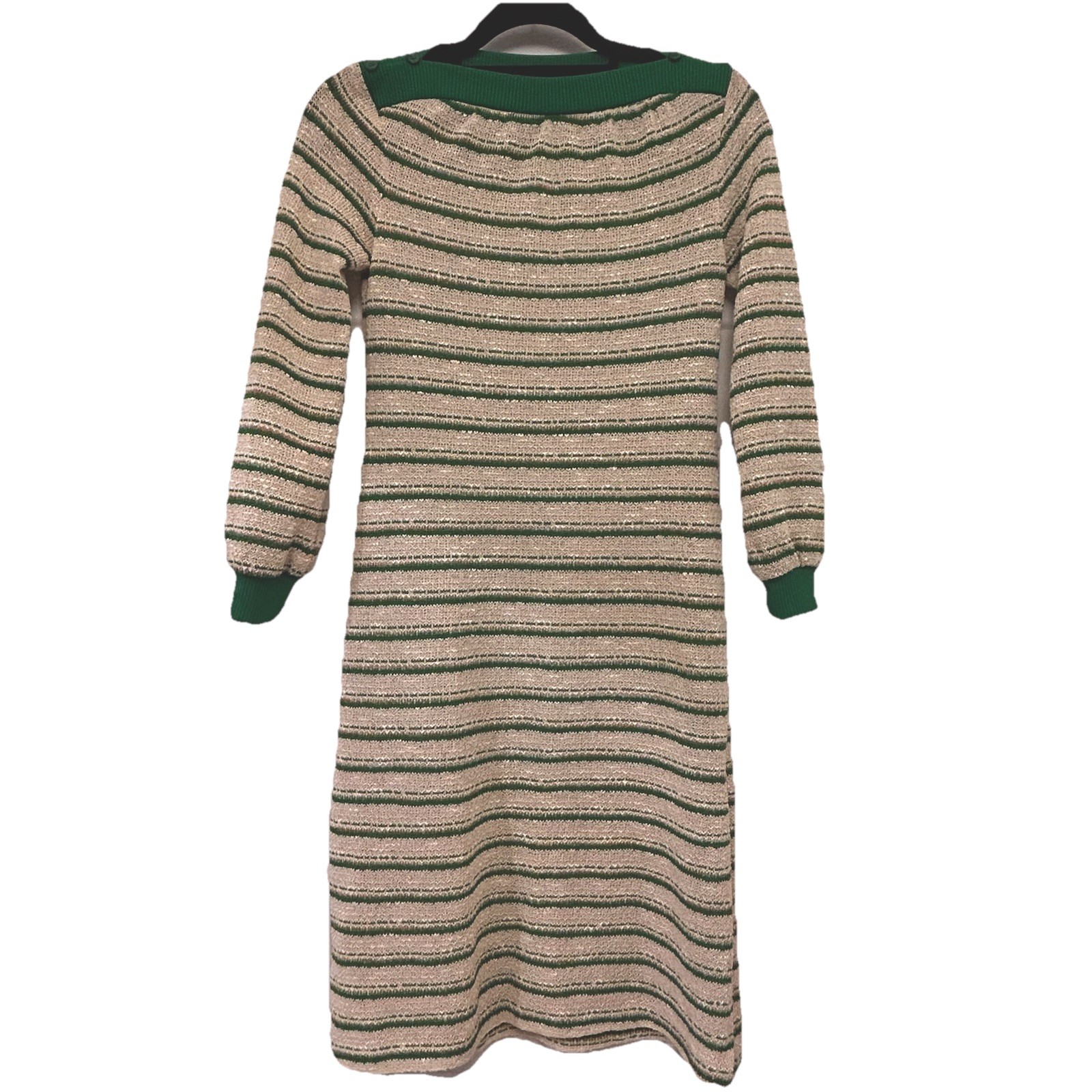Vtg 1970 Jerell of Texas Green Beige Metallic Striped Sweater Sheath Dress Sz 5