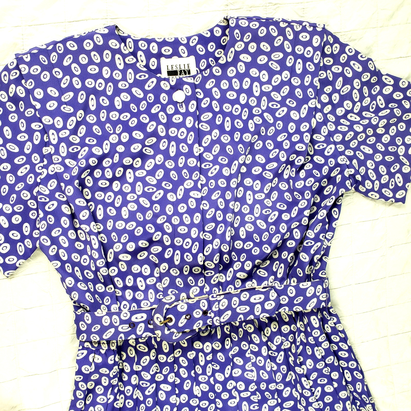 Vintage Leslie Fay Dress 80s 90s Pleated Geo Paisley Purple Belted SIZE 6P