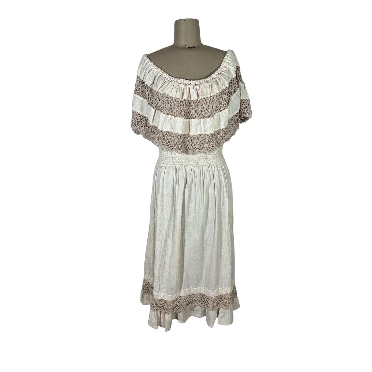 Vintage Monica Richards Boho Mexican Off Shoulder Linen Dress Cottage Ethnic