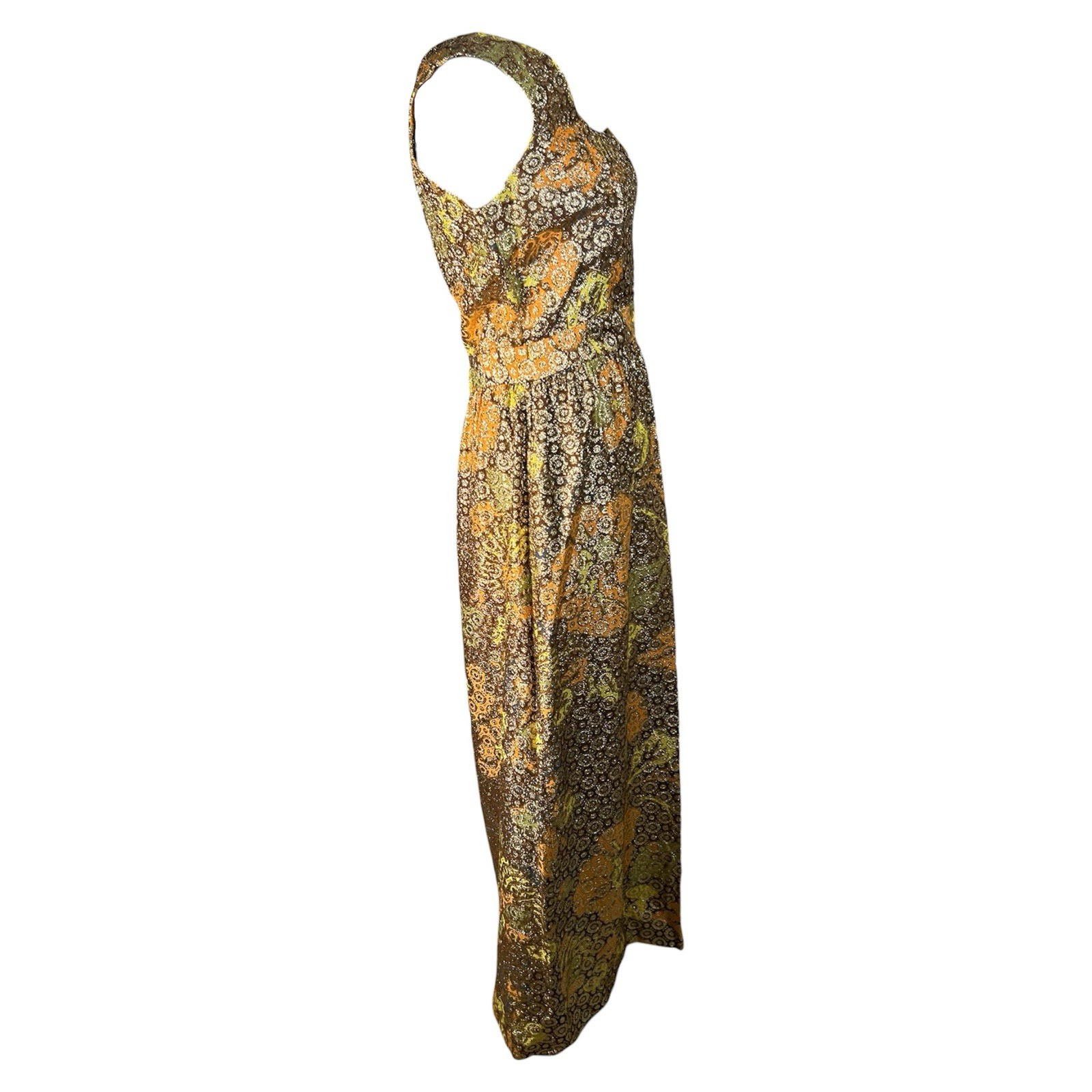 VTG 60s/70s Floral Orange Gold Hippie Psychedelic Long Maxi Dress Hand Made Sz M