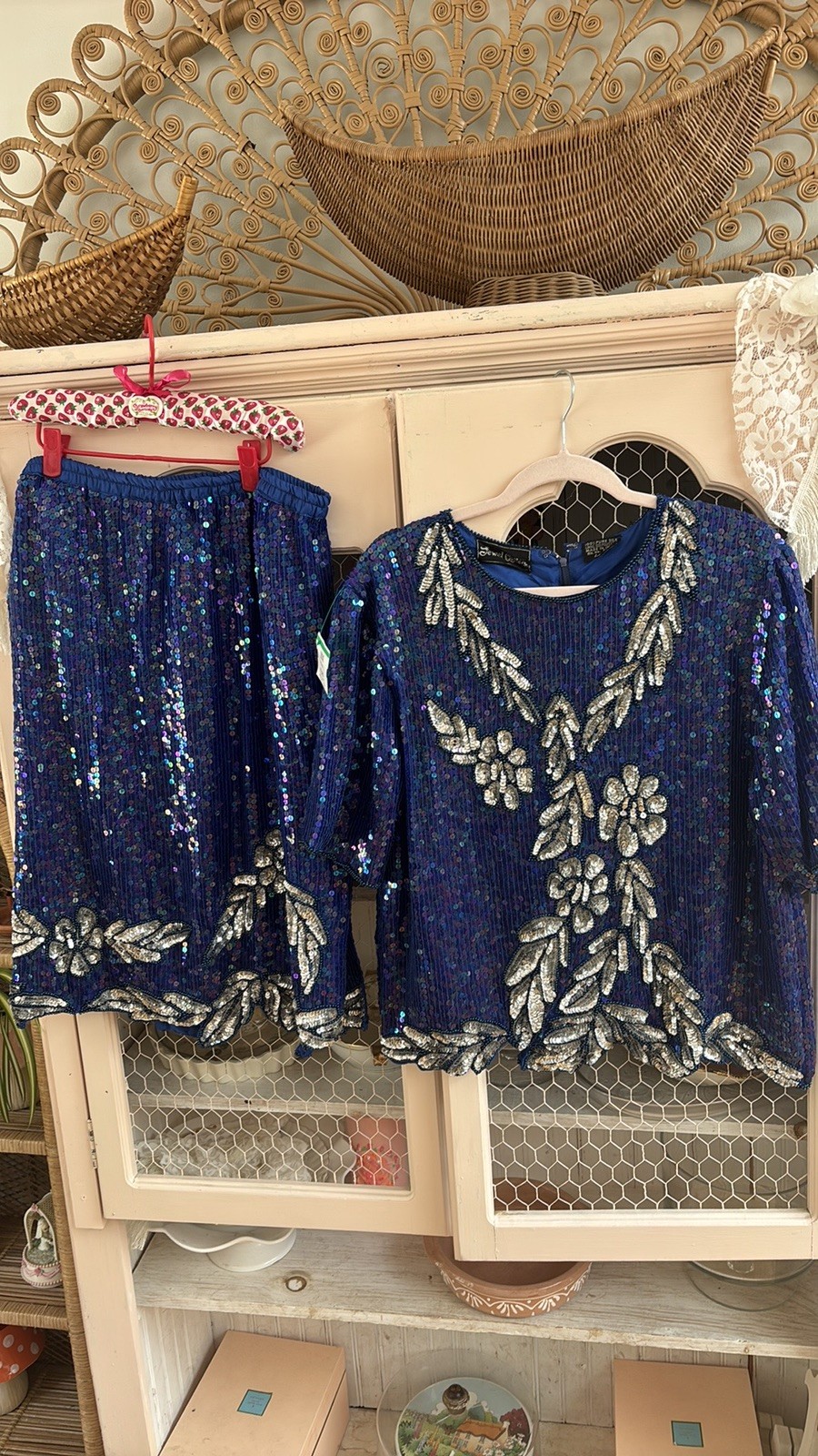 Vintage Sequin blue & silver jewel queen top and skirt Disco dreams L