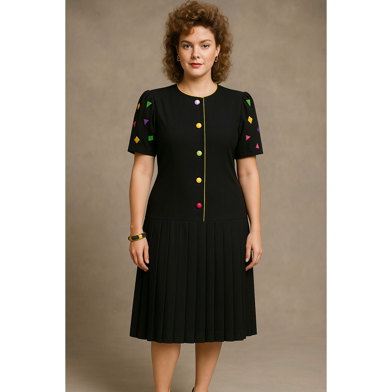Vintage Chelsea Ltd 1980s woman’s black drop waist pleated dress 18 T Embroidery