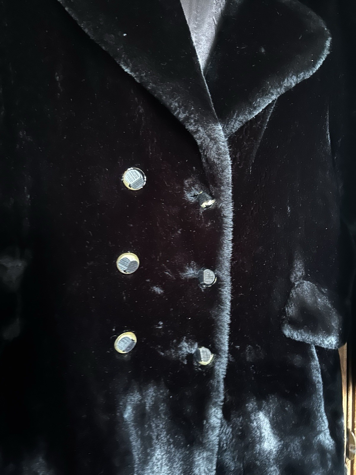 Vintage Borgana Black Faux Fur Plush Coat Double Breasted Women’s Sz M 42”