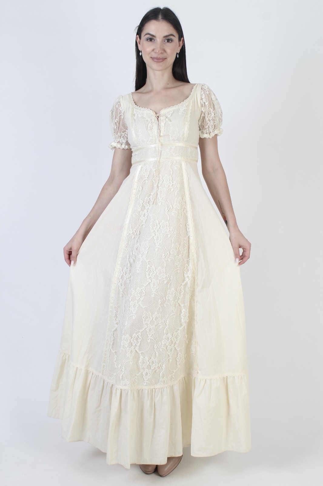 Vtg 70s Cream Prairie Dress Lace Up Corset Cottage Peasant Sheer Slv Boho Gown