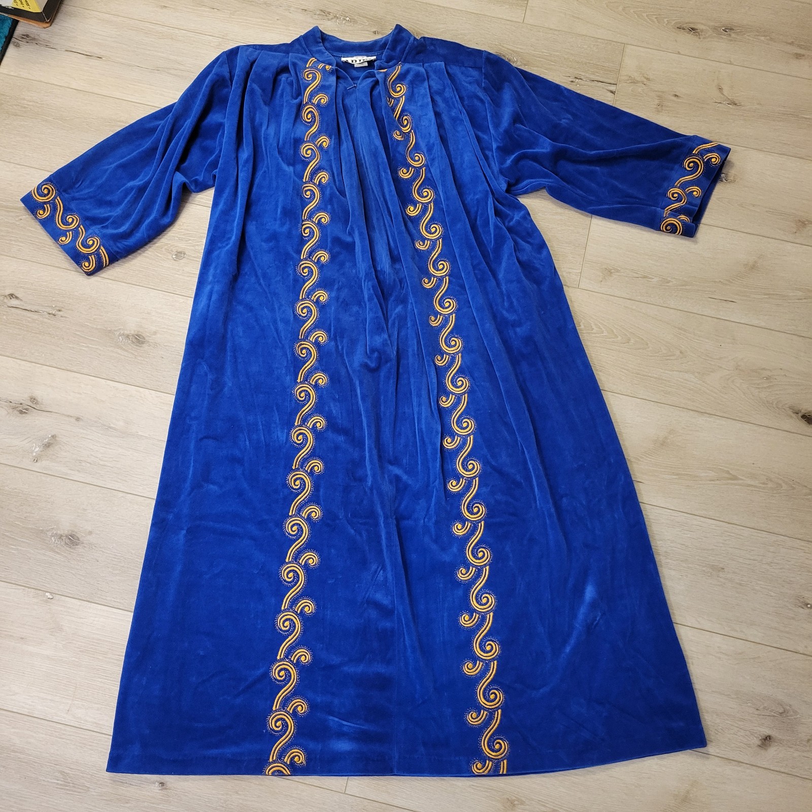 VTG Ariel Keyloun Blue Gold Embroider Robe Zip Front House Coat PJ Wear Sz Lg